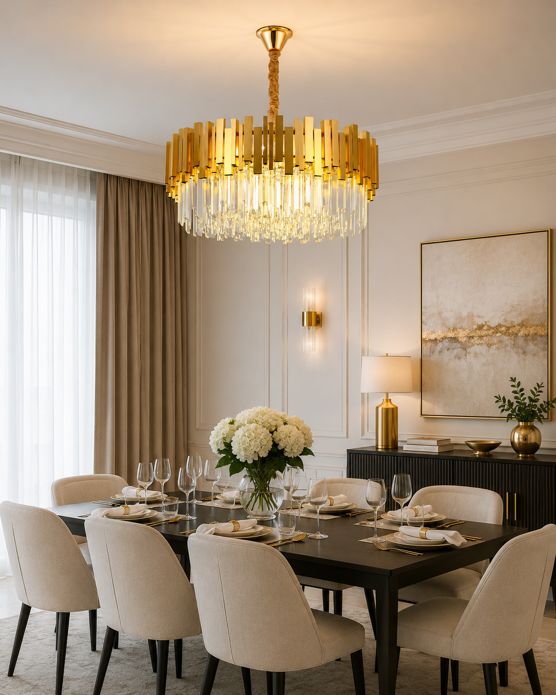 CANDELABRU AURIU CU CRISTALE, 10×E27, Ø60 CM, ELEGANTA PENTRU SPATII GENEROASE 3211/600FG