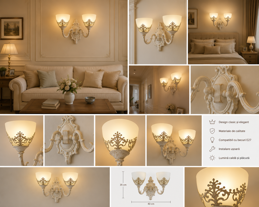 Aplica de perete dublă, stil vintage, 2 becuri E27, L420×220×230 mm, finisaj alb antichizat (WH), cu abajururi ornamentale