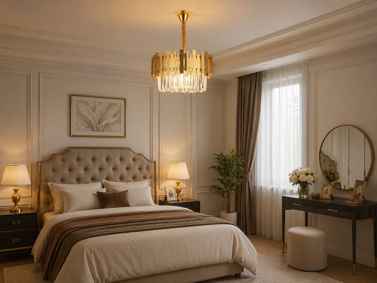 CANDELABRU AURIU CU CRISTALE, 5×E27, Ø40 CM, DESIGN ELEGANT ȘI MODERN 3211/400FG