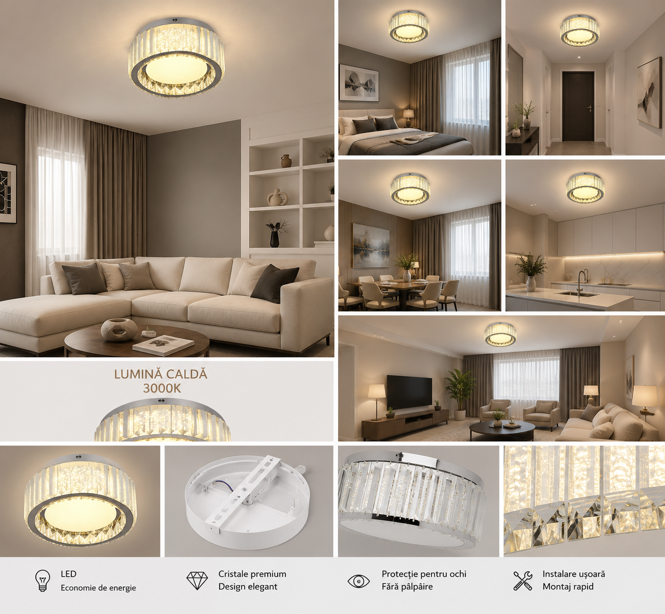 Lustra LED Elegantă cu Cristale 2959-300 – Ø300 mm, 56W, Culoare Reglabilă, Telecomandă Inclusă