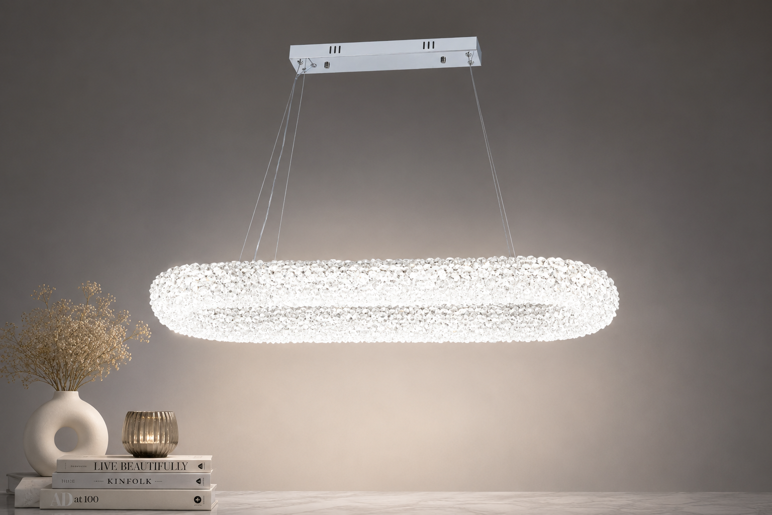 Pendul LED Modern cu Cristale, Crom  dreptunghiular argintiu 5558/300+850 CH – 124W– 5558/300+850 CH