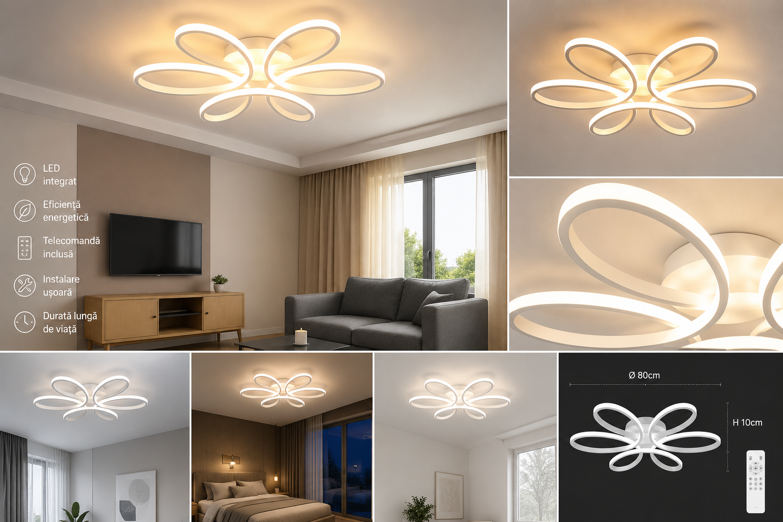 Lustra LED Design Floral 120W cu Telecomandă, Temperatură Culoare 2800K–6500K, Ø470 mm, Negru – Model 809 WH