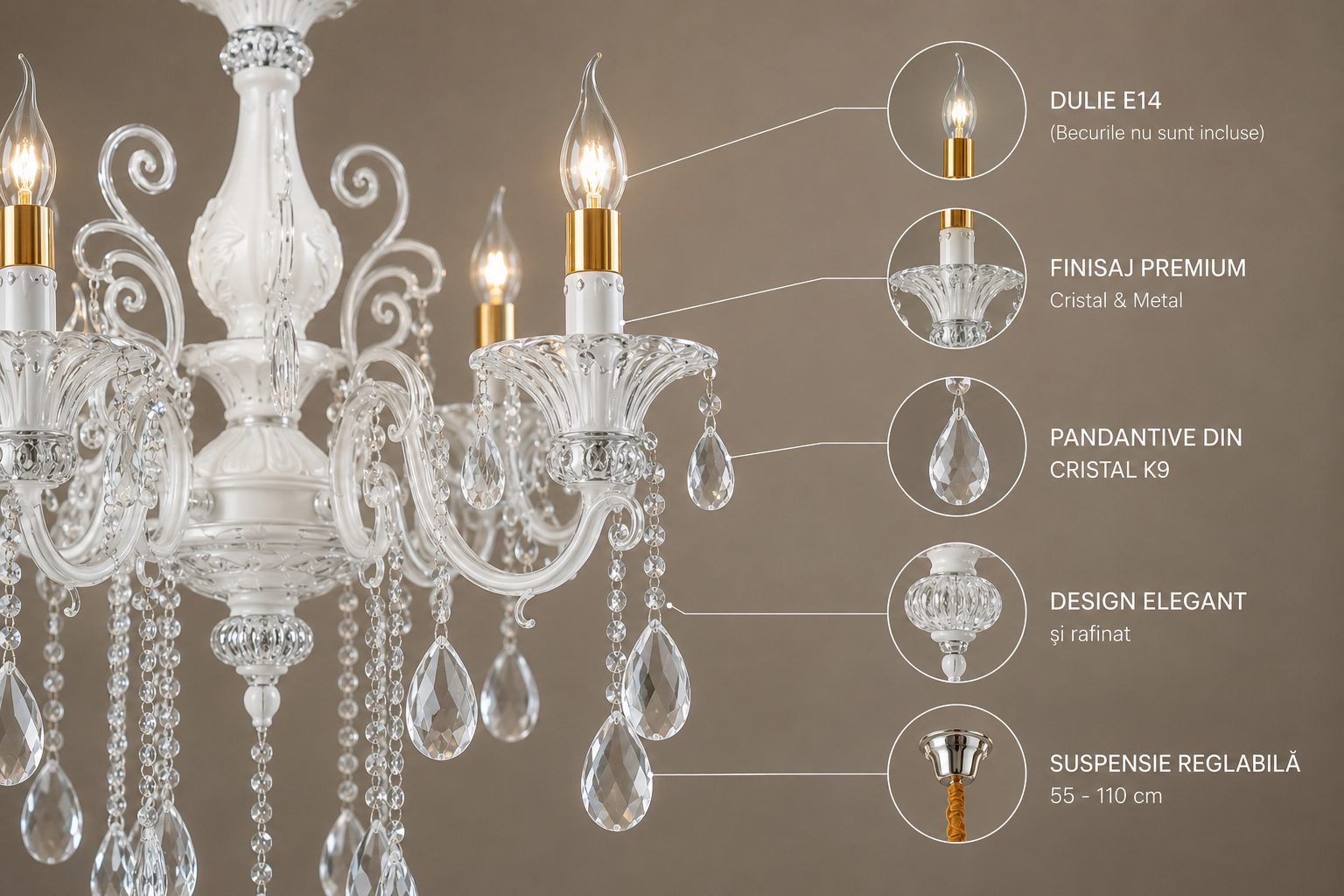 Candelabru Clasic cu Cristale, 6×E14, Ø65 cm, Finisaj Argintiu Elegant 2277/6