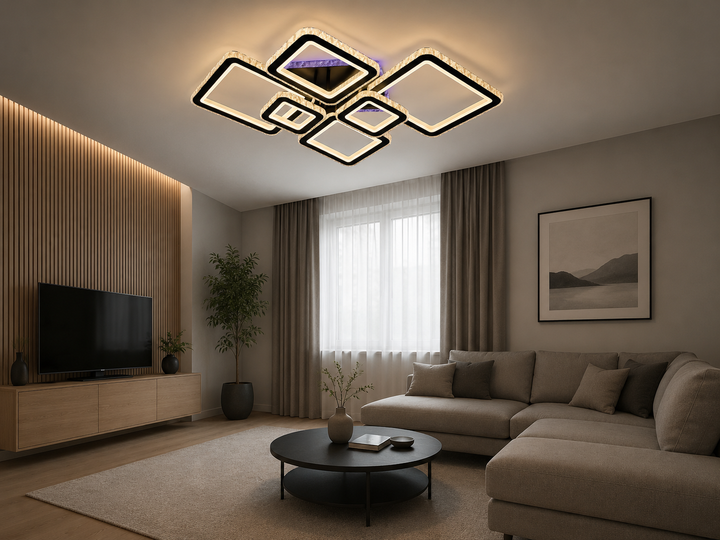 Lustră LED cu telecomandă, 288W, lumină reglabilă 3000K–6500K, 880×610×160 mm, design modern pentru spații mari