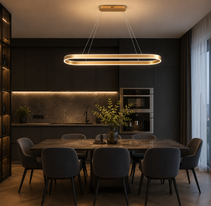Pendul LED cu telecomanda, 140W, lumină reglabila 2800K–6500K, 800×300 mm, finisaj auriu modern