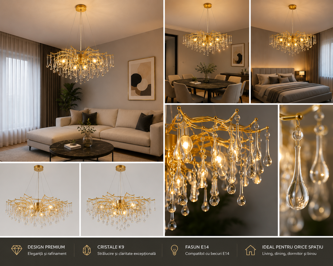 Candelabru Elegant cu 105 Cristale Decorative, Ø600 mm, 9xE14, Design Auriu – Model 27137/600 OG+FGD