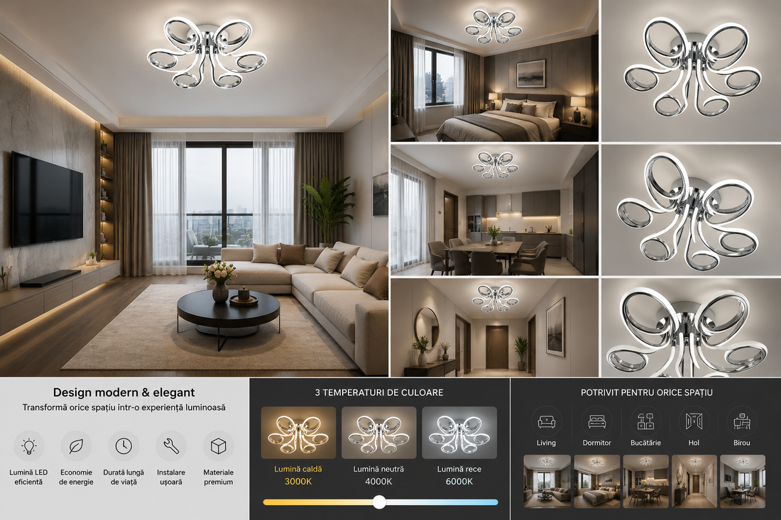 Lustra LED decorativa cu design ondulat cromat, 288W, Ø720×H170 mm, lumina reglabila 3000K–6500K, telecomanda inclusa