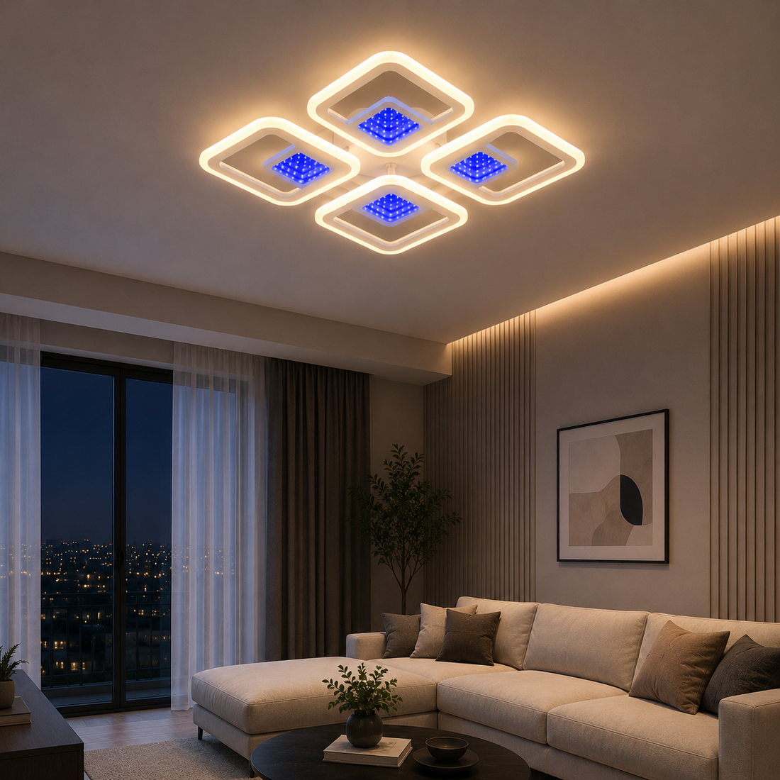 Lustra LED modernă cu telecomandă, 104 W, 490×490 mm, temperatură reglabilă 2800–6500 K – model SX8736/4