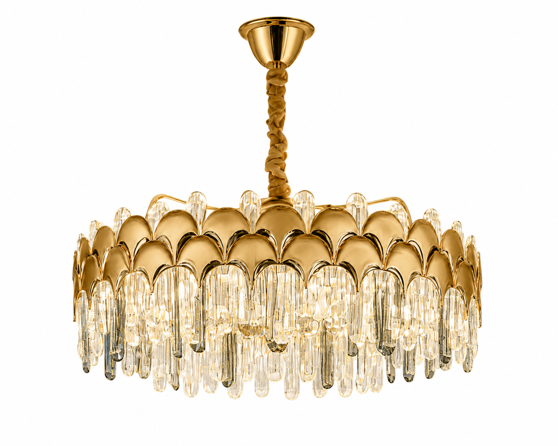 Candelabru Ø580×H285 mm, LED 244W, cristale lungi și structură aurie pentru spații premium 98093/600