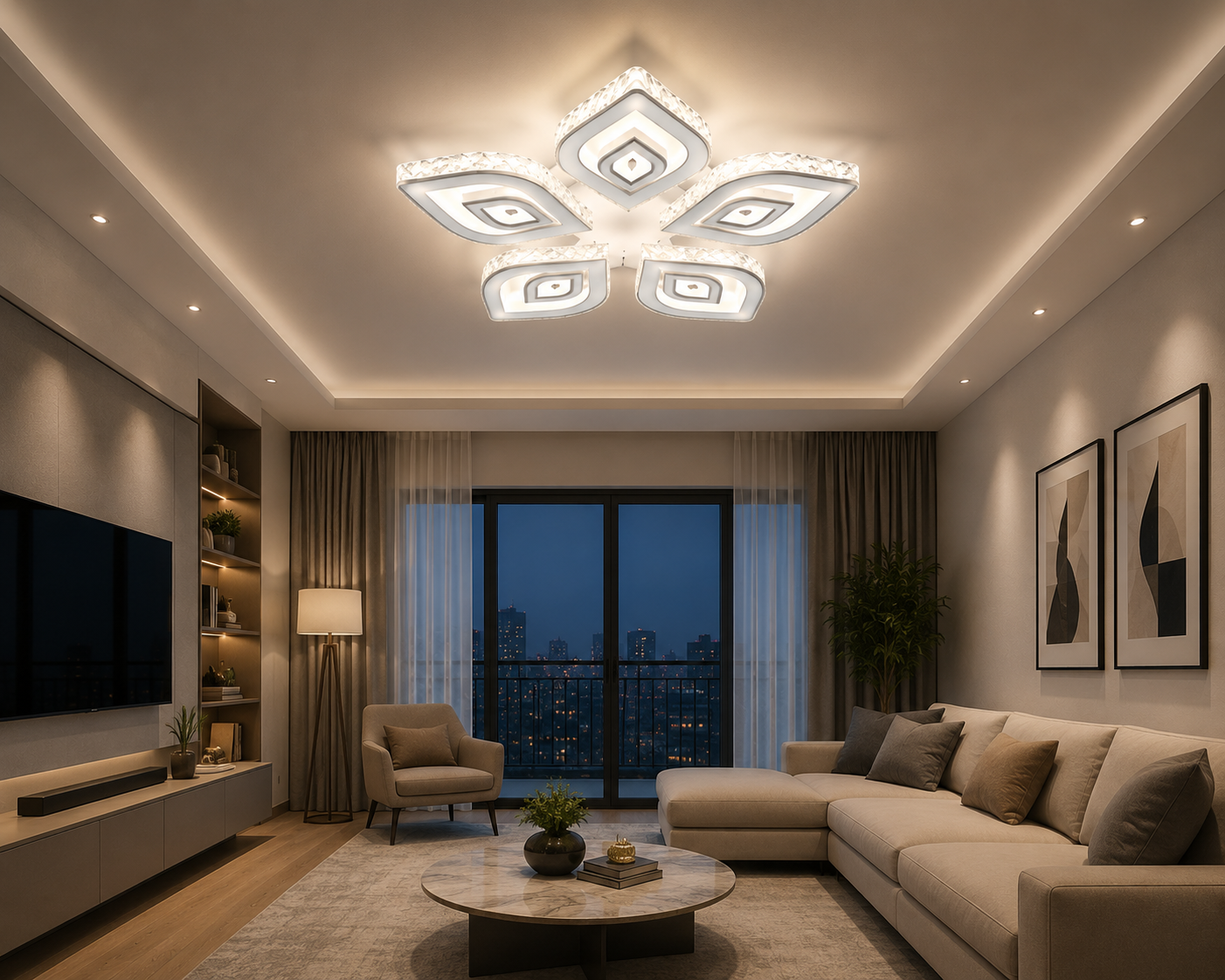 Lustra LED cristale L7273/5 albă 170W, Ø490×H80 mm, lumină 3000–6500K, cu telecomandă
