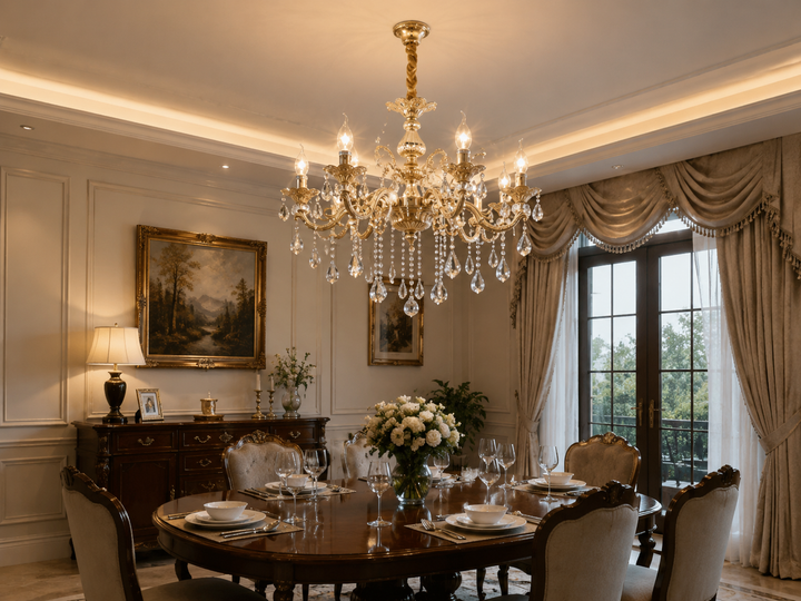 Candelabru clasic cu 8 brațe, model 98056/8FG, soclu E14, finisaj auriu