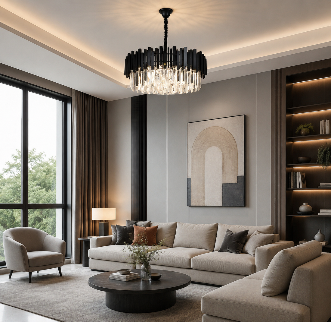 Candelabru Negru cu Cristale, 10×E27, Ø60 cm, Eleganta pentru spatii generoase