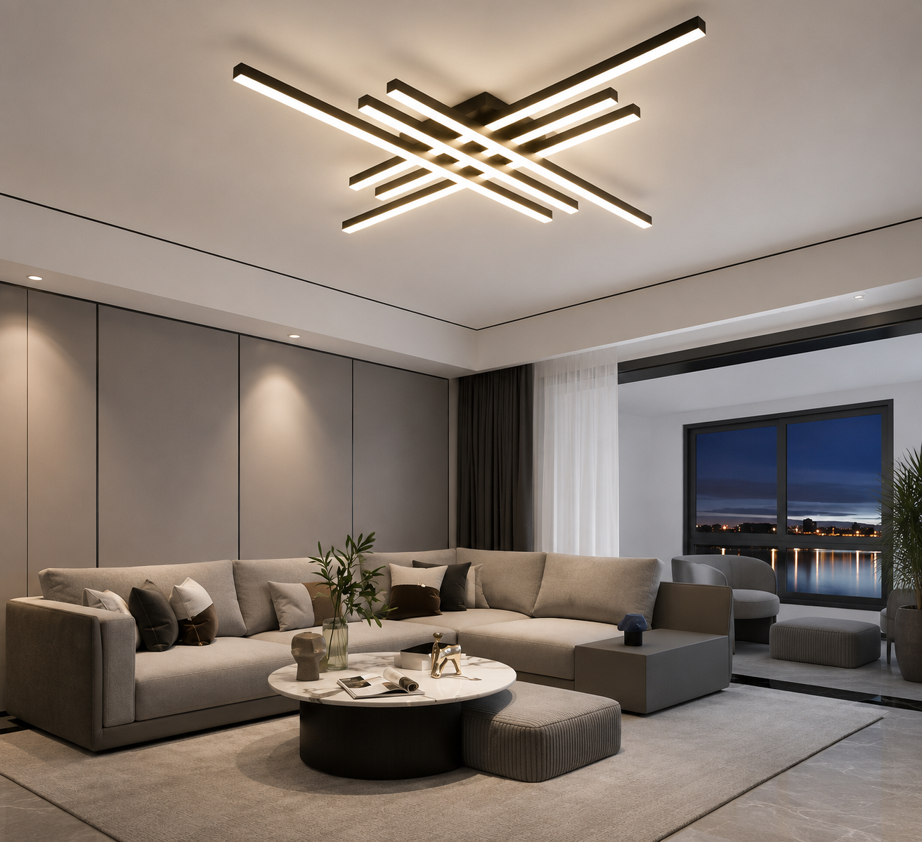 Lustră LED plafon 9795/6BK, 224W, 1200×1200 mm, temperatură reglabilă 3000–6500K, cu telecomandă, design modern negru