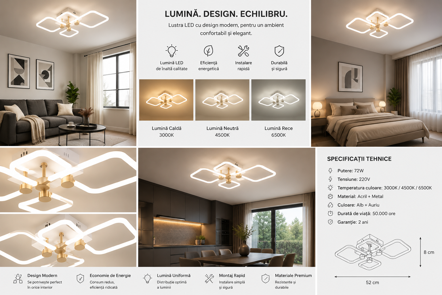 Lustra LED decorativă cu lumină reglabila, Model 26077/2+2FGD+WH