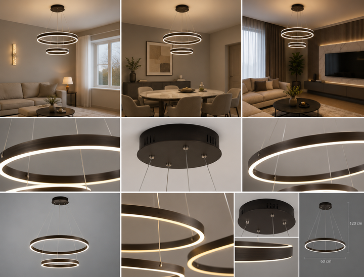 Pendul  LED Suspendată 2 Cercuri, 180W cu Telecomandă, Temperatură Culoare Reglabilă 3000K–6500K, Design Modern Negru – SJ030-500-300