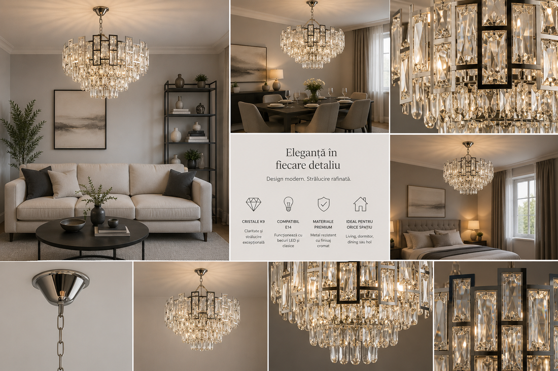 Candelabru cristal 10 becuri, Ø500 mm, soclu E27 max 60 W, finisaj crom lucios, design luxos