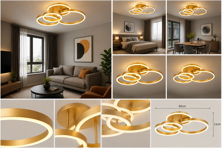 Lustră LED modernă cu 3 cercuri, 144W, Ø630×H400 mm, lumină reglabilă 3000K–6500K, telecomandă 2.4G, finisaj auriu GD