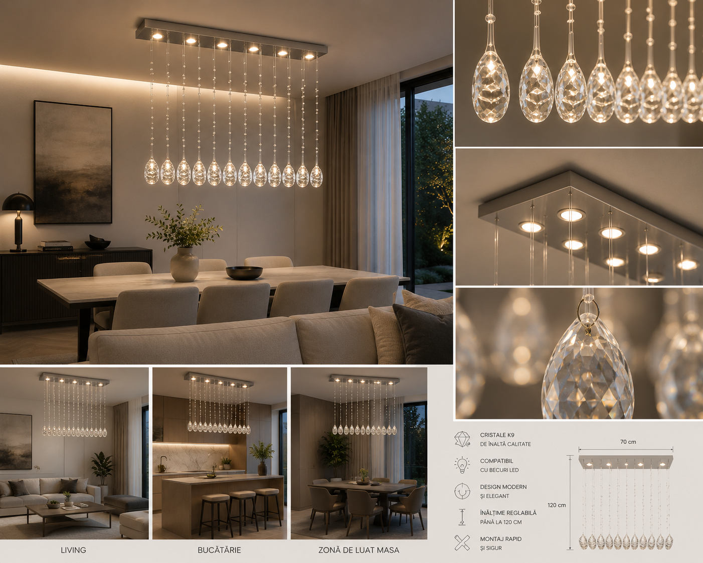 Candelabru LED cu cristale, 600×200×600 mm, 20W, 4000K, fără telecomandă, 6032/4