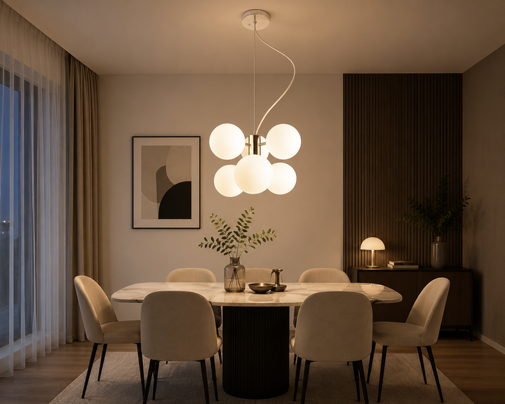 Pendul Modern cu 6 Globuri Opal, G9, 300×730 mm, Iluminare Decorativa
