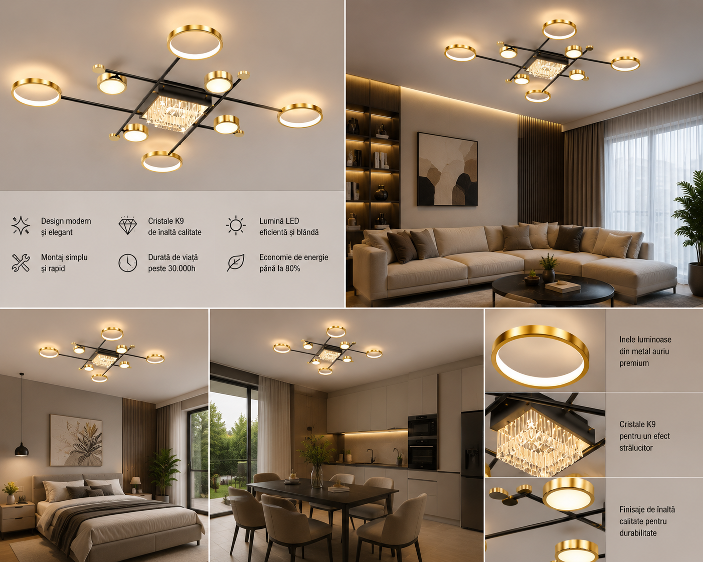 Lustra LED patrata moderna, dimabila, 5+4 brate – L7821/5+4