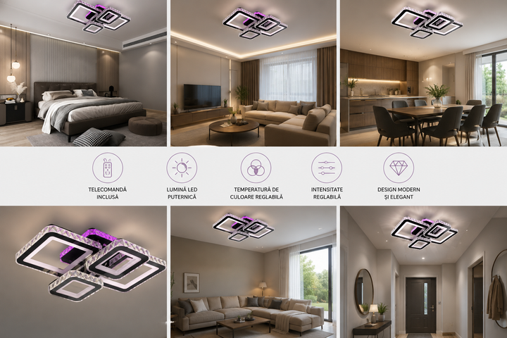LUSTRA LED 2+2 PATRATA, DESIGN MODERN ALB CU INSERTII CROMATE – 7965/2+2 BK