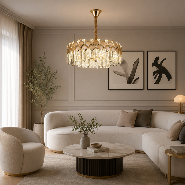 Candelabru Ø580×H285 mm, LED 244W, cristale lungi și structură aurie pentru spații premium 98093/600