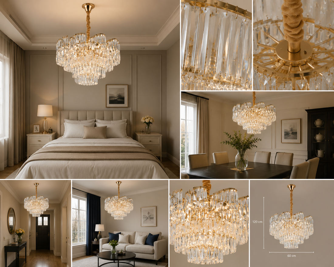 Candelabru cu cristale fațetate, 6 becuri E27, Ø400×H380 mm, finisaj auriu, design în cascadă