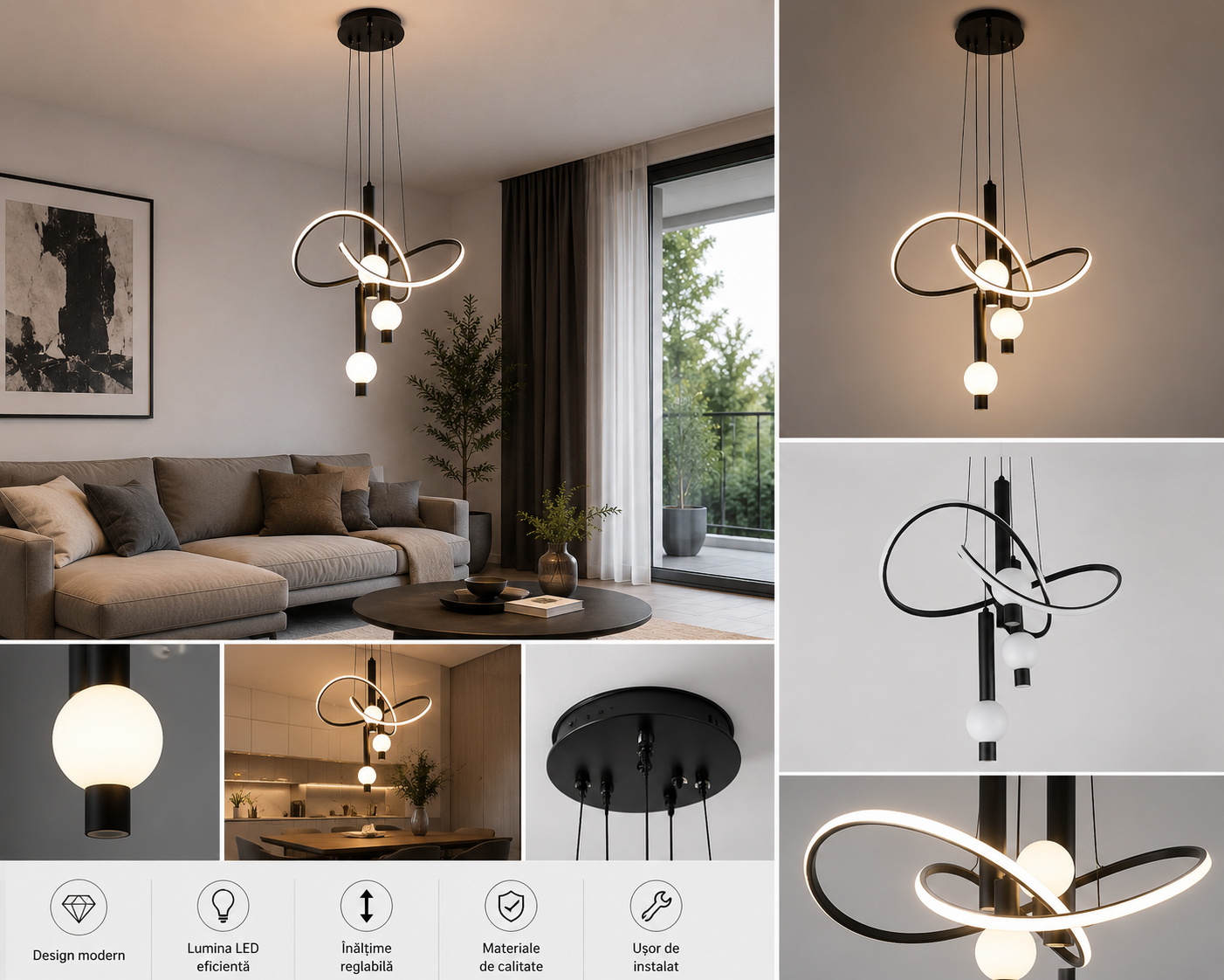 Pendul LED Modern Negru– Model 72013/3+1cu Telecomandă și Lumină Reglabilă
