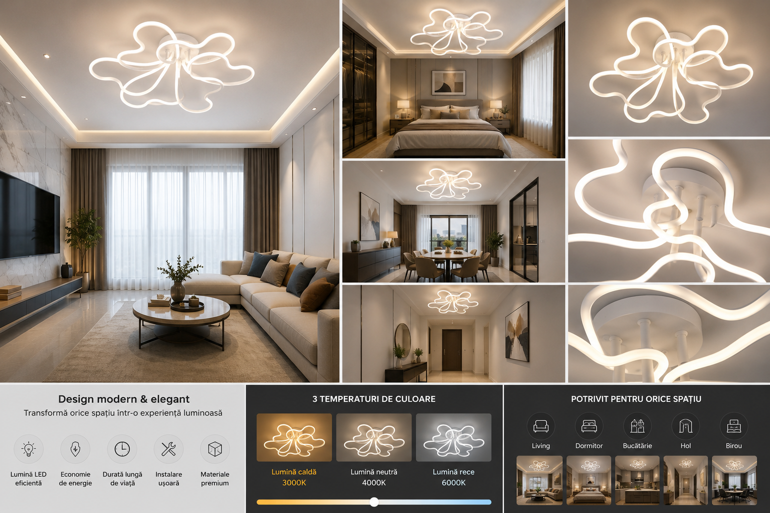 Lustra LED cu design floral fluid, 240W, Ø720×H170 mm, lumină reglabilă 3000K–6500K, telecomandă inclusă