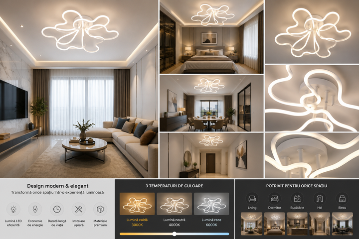 Lustra LED cu design floral fluid, 240W, Ø720×H170 mm, lumină reglabilă 3000K–6500K, telecomandă inclusă