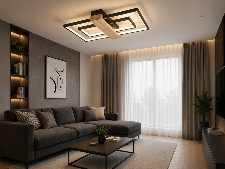 Lustra LED Modernă 9417 BK+WOOD – Design Elegant cu Accente din Lemn