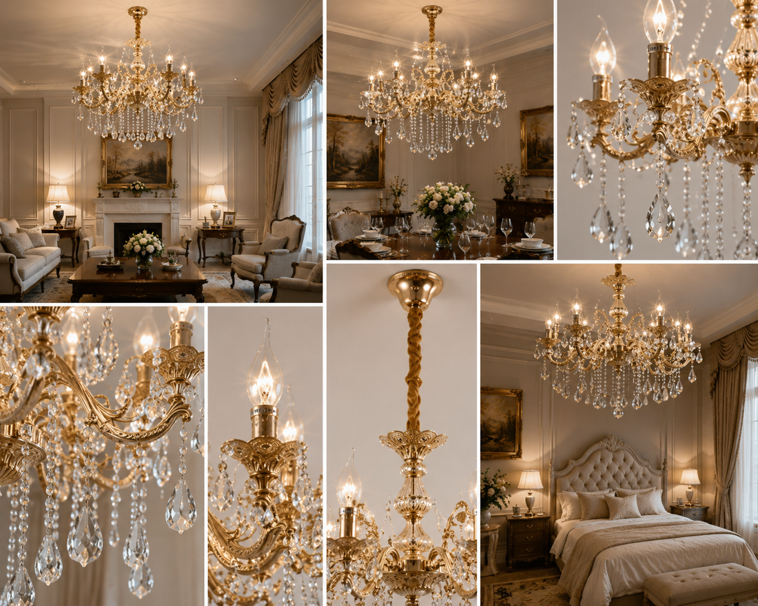 Candelabru clasic cu 8 brațe, model 98056/8FG, soclu E14, finisaj auriu