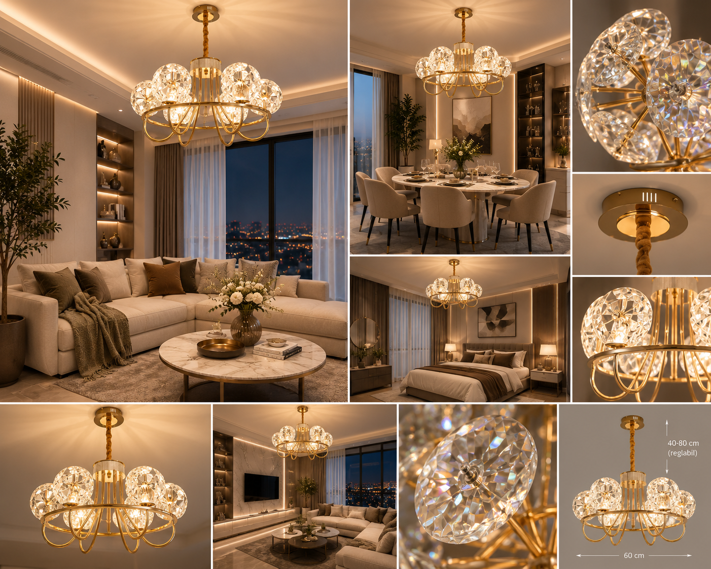 Candelabru Modern Auriu cu 6 Globuri – LED 96W, L70 cm, Stil Elegant și Luminos