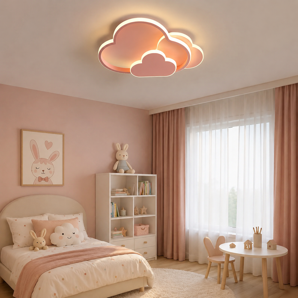 Lustra LED cu telecomanda, 2x43W, lumina reglabilă 3000K–6500K, 500×350×80 mm, design modern compact, roz