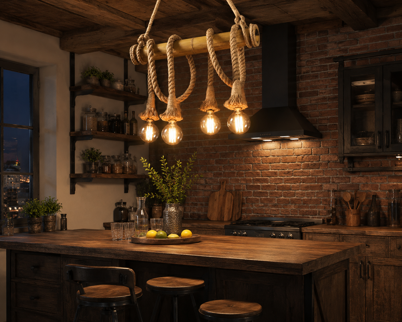 Pendul rustic cu 4 becuri, Ø600×H500 mm, E27 max 60W, C023/4
