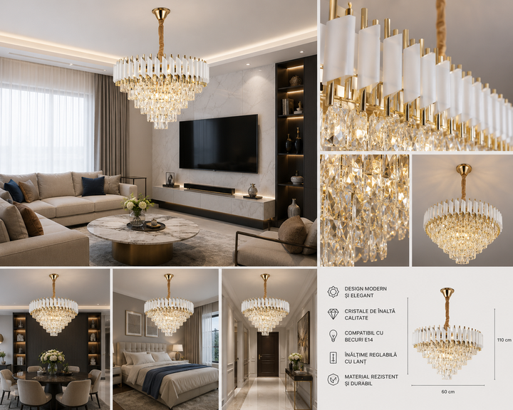 Candelabru  Elegant Auriu cu Accente Albe și Cristale – Model 9001/500 WH+FGD