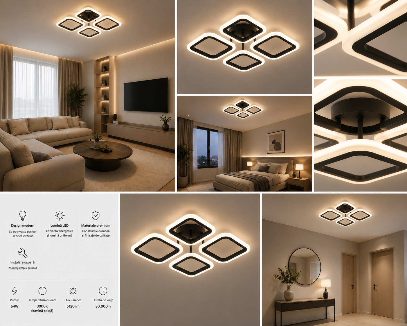 Lustra LED moderna cu telecomanda, 56W, 3000–6500K, 335×335×70 mm – model 8036/4BK