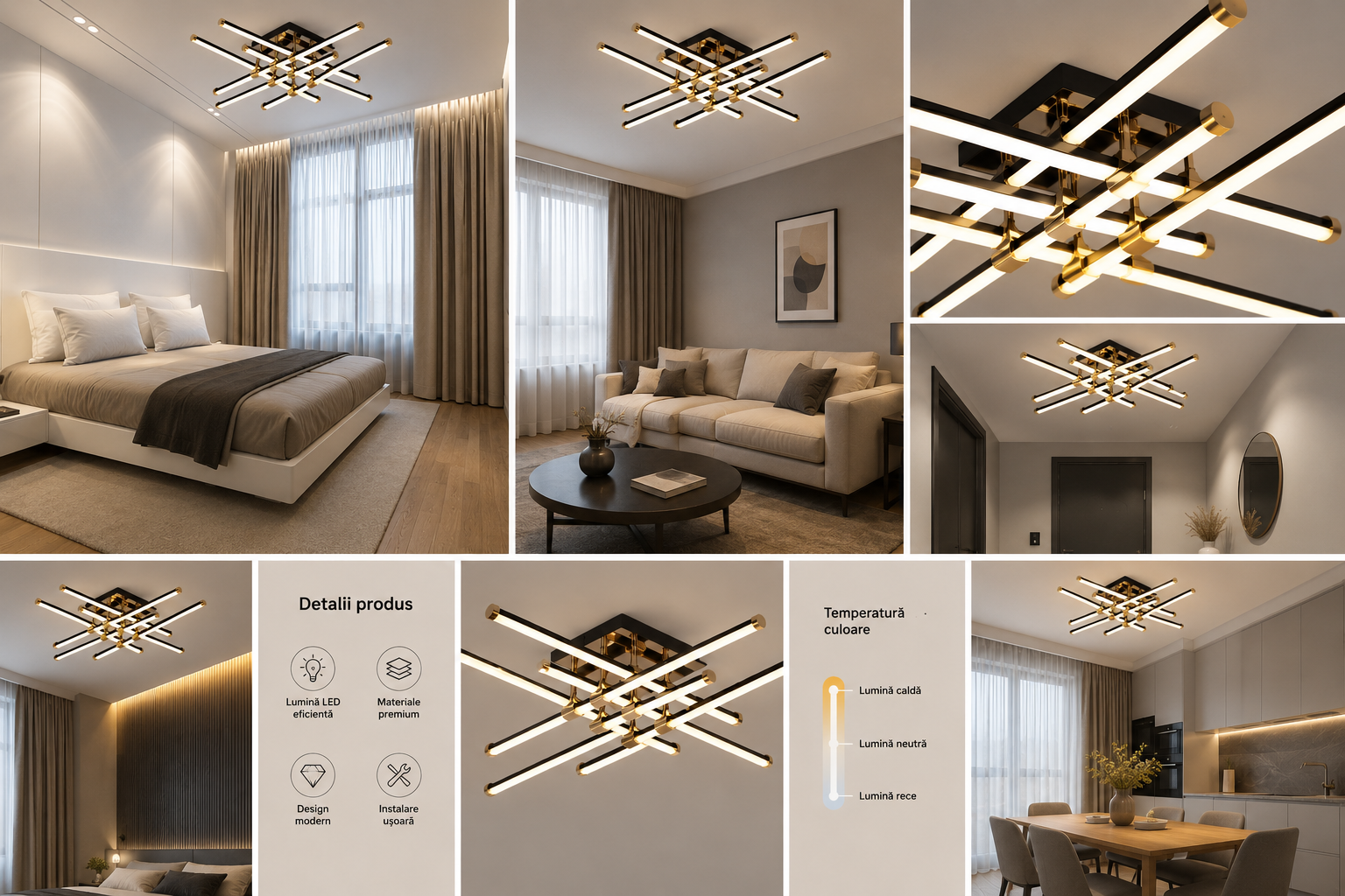 Lustră LED decorativă 9803/6BK, 224W, 600x600x105 mm, lumină reglabilă 3000K–6500K, telecomandă inclusă