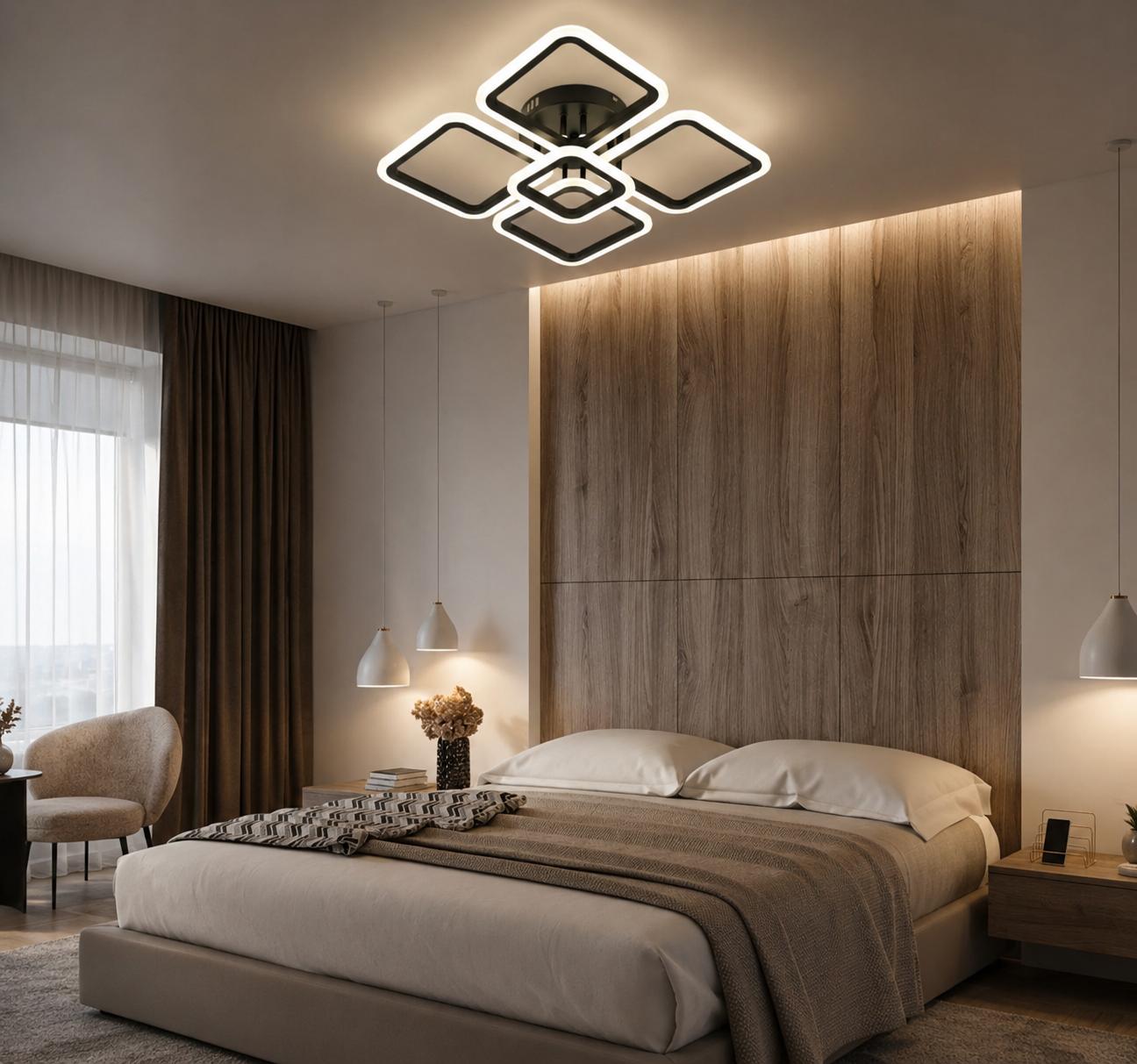 Lustra LED moderna cu telecomanda, 102W, 3000–6500K, 445×445×110 mm – model 8036/4+1BK