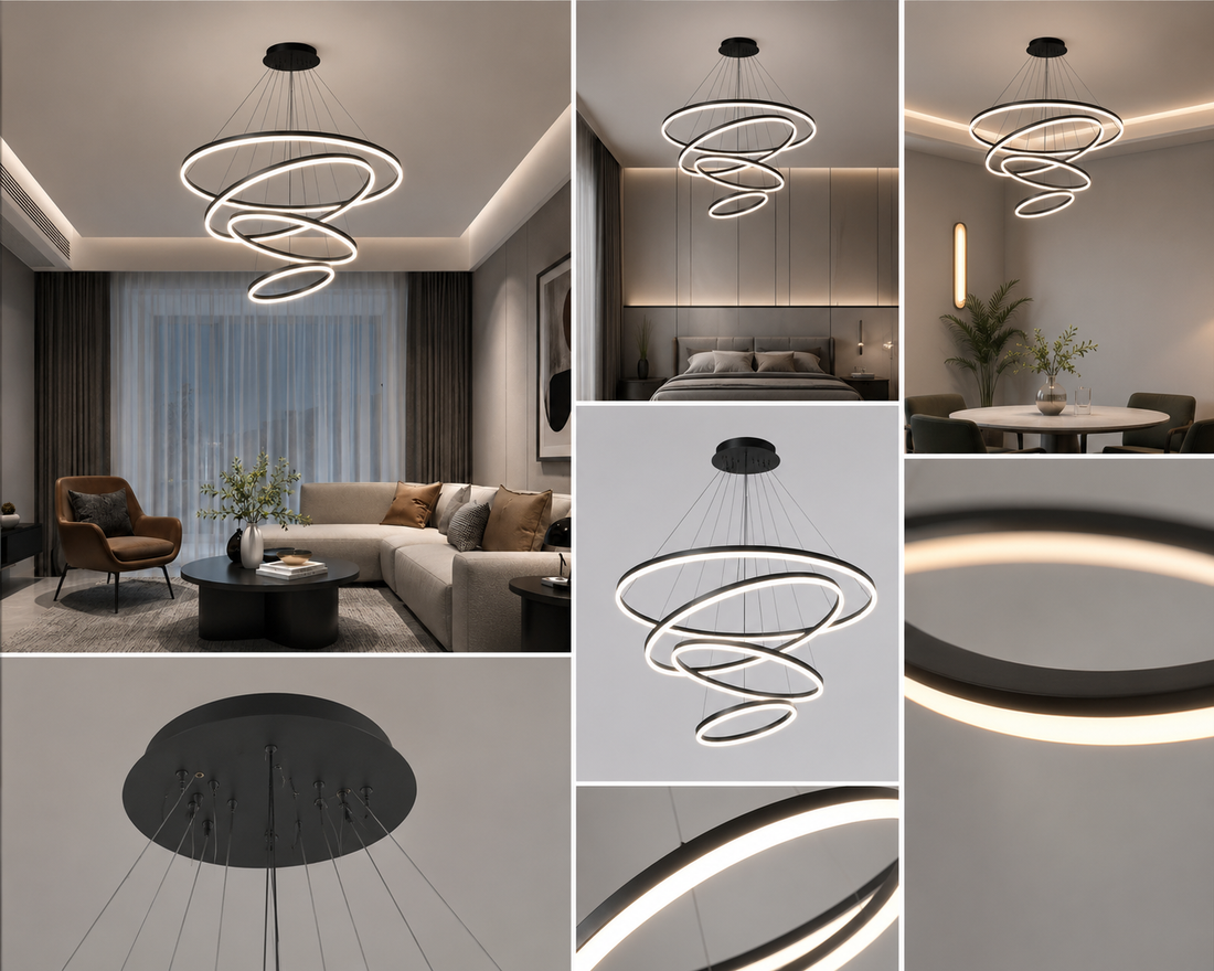 Pendul LED cu telecomandă, 220W, lumină reglabilă 2800K–6500K, Ø800×H1200 mm, design pe mai multe nivele, finisaj negru