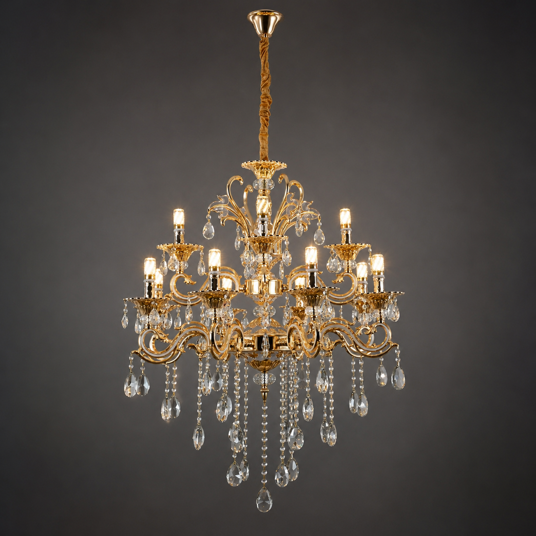 Candelabru clasic cu cristale, 8 brațe, Ø740×H980 mm, soclu E14, finisaj auriu lucios