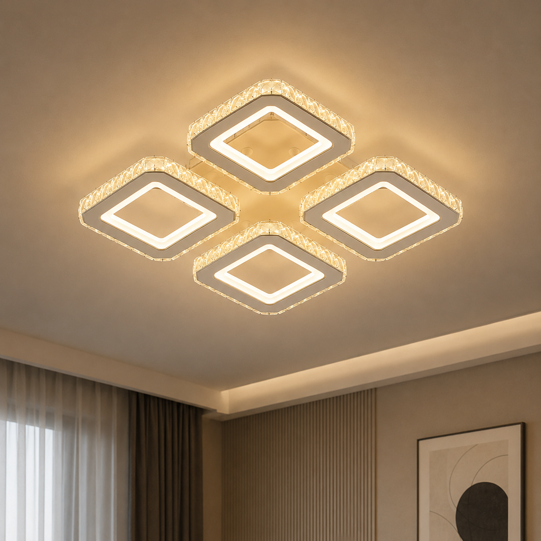 Lustra LED cu design geometric patrat, alb si crom – L7965/4CZ WH+CR