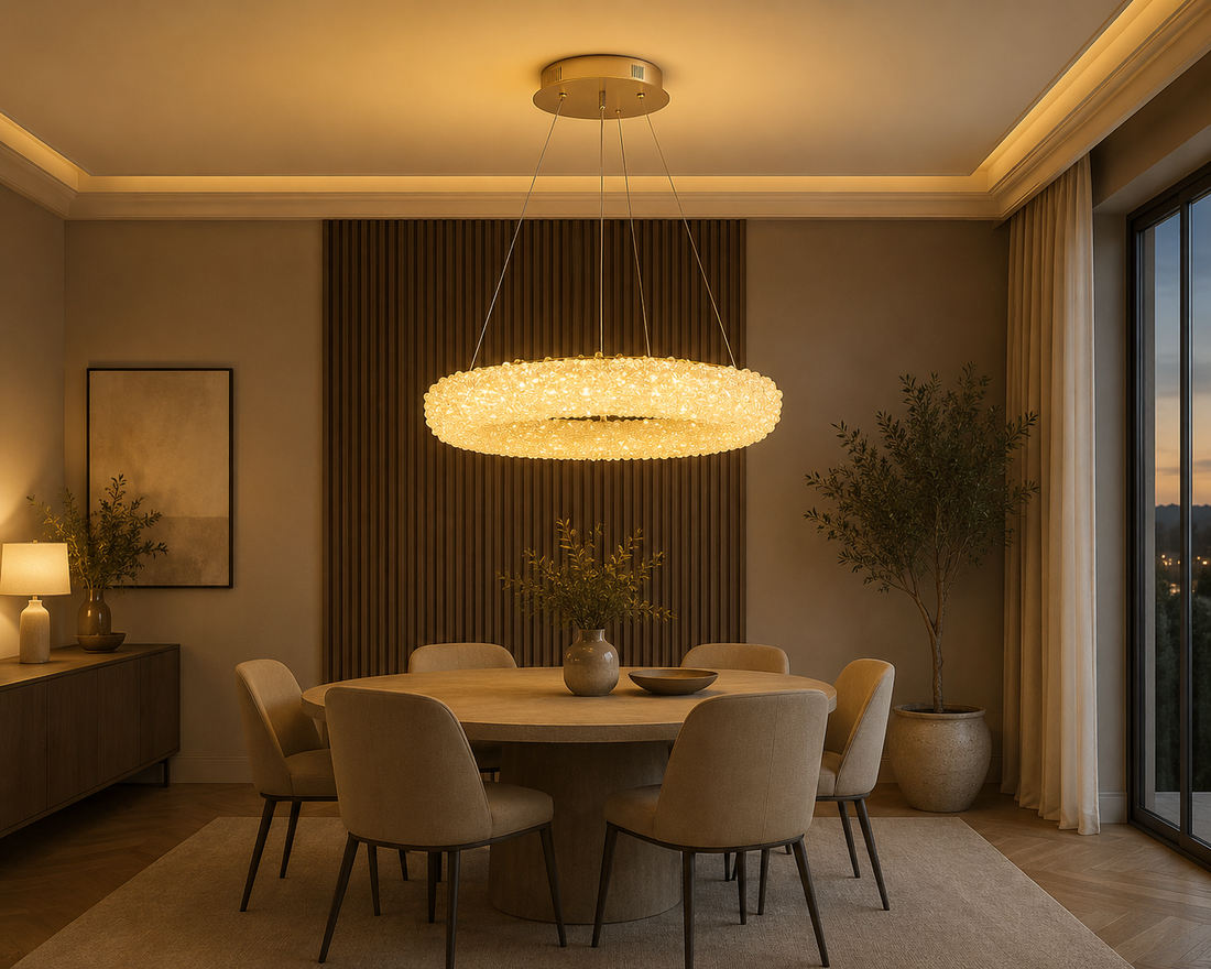 Candelabru LED Modern Auriu – Ø500 mm, 88W, Design Circular cu Cristale