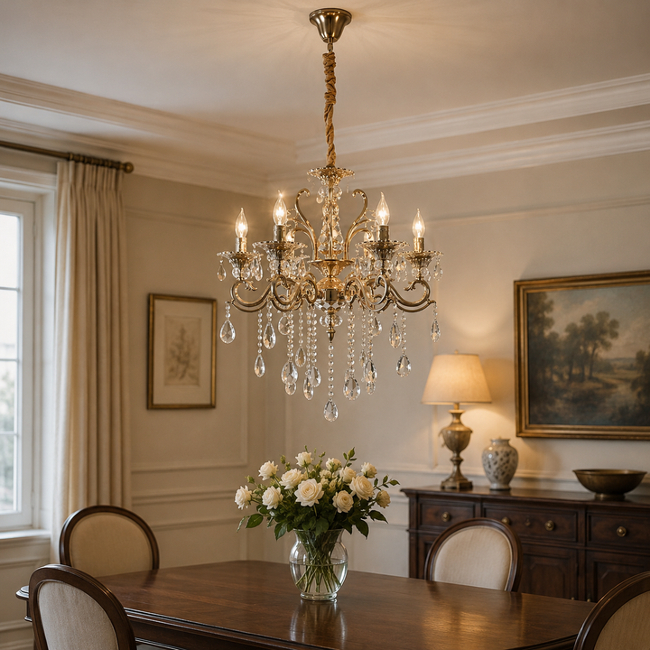 Candelabru clasic cu cristale, 6 brațe, Ø680×H940 mm, soclu E14, finisaj auriu lucios
