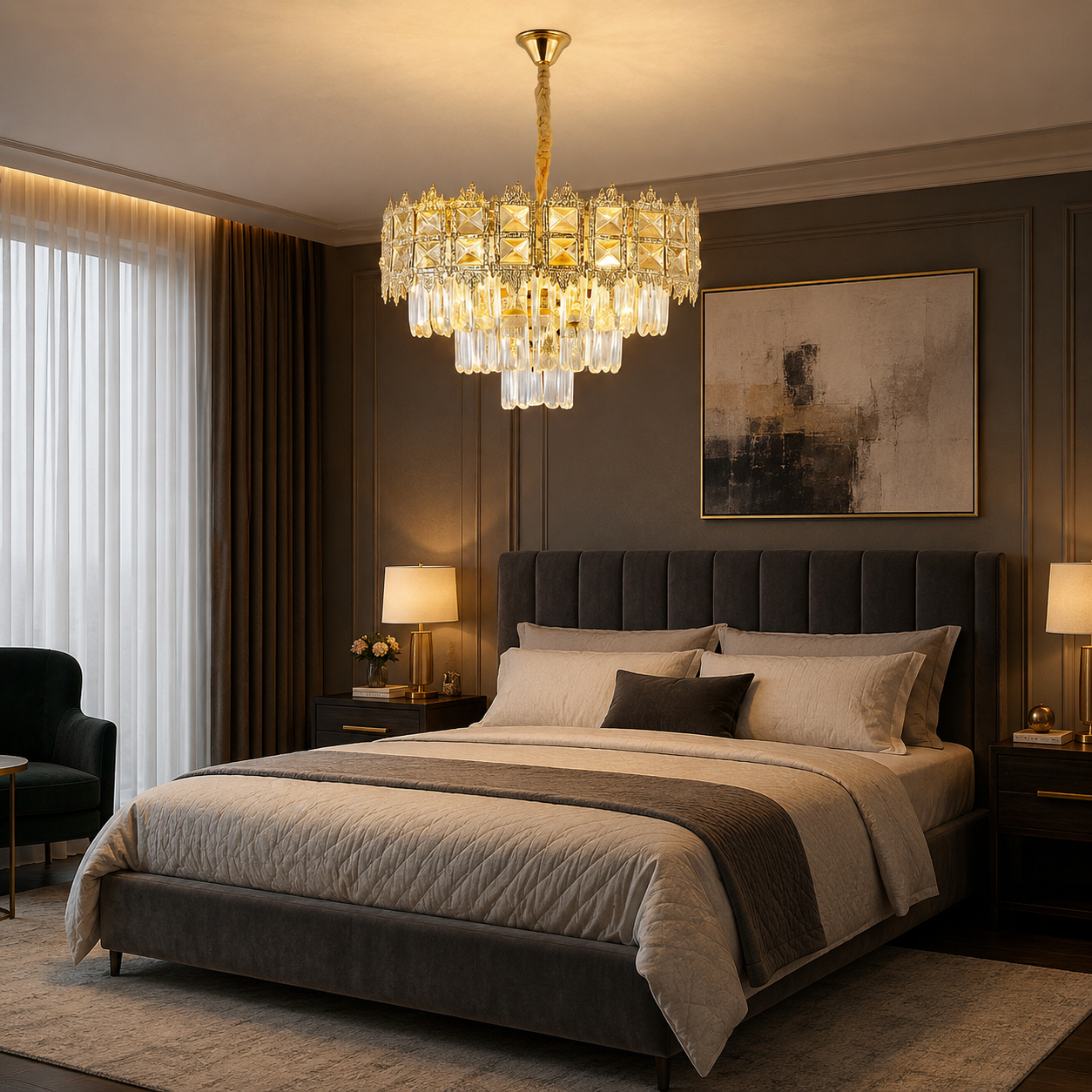 Candelabru auriu 70065-400 GD cu 5 socluri E27, stil modern pentru spații elegante