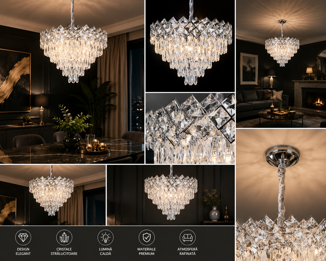CANDELABRU ARGINTIU CU CRISTALE – 8650/500 | Ø50 CM, 7X E27, ELEGANȚĂ ȘI RAFINAMENT