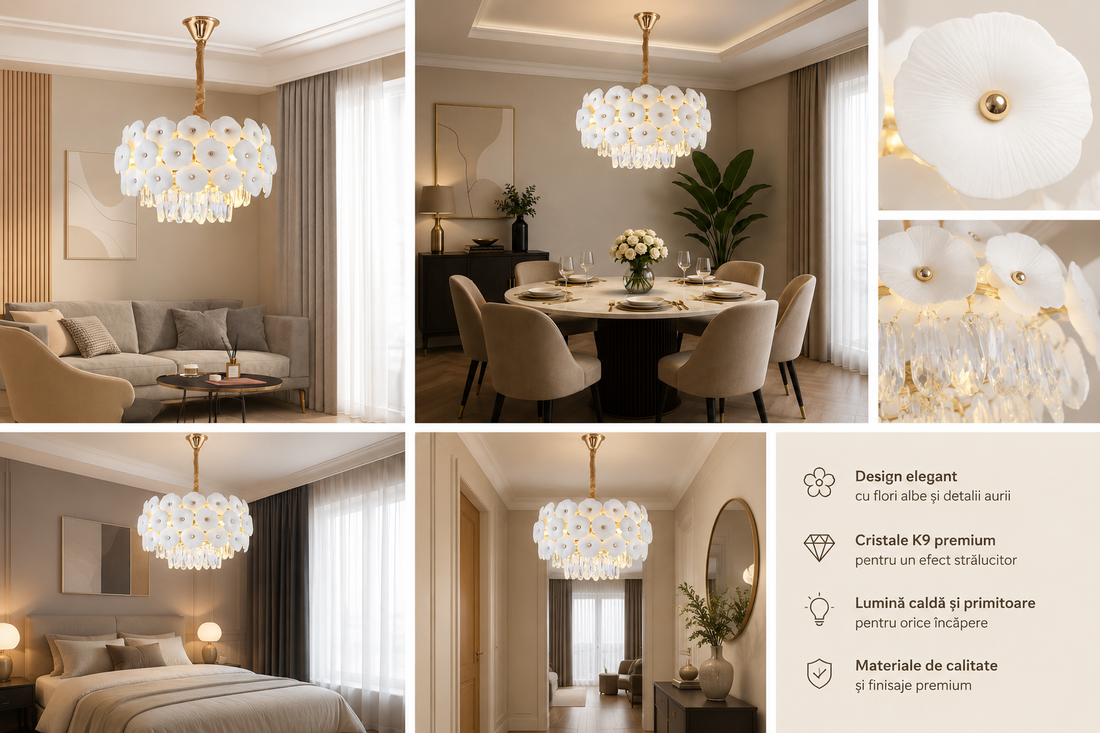 Candelabru elegant cu flori decorative, 5 becuri E27, Ø400×H280 mm – model 70057/400 FGD