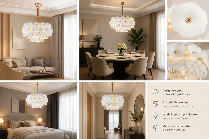 Candelabru elegant cu flori decorative, 5 becuri E27, Ø400×H280 mm – model 70057/400 FGD