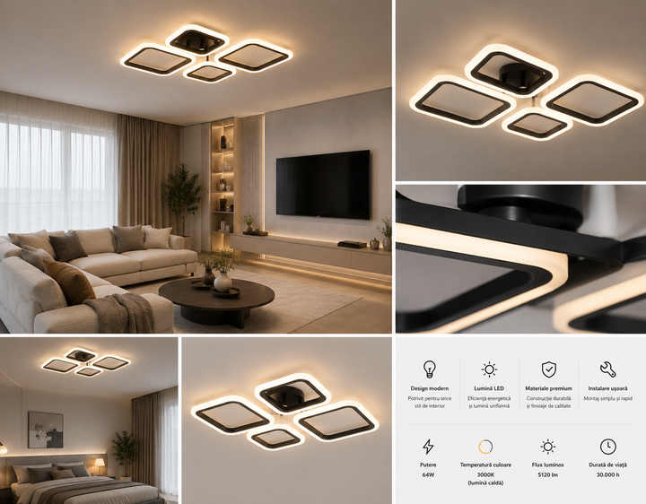 Lustra LED moderna cu telecomanda, 72W, 3000–6500K, 600×435×70 mm – model 8036/2+2BK