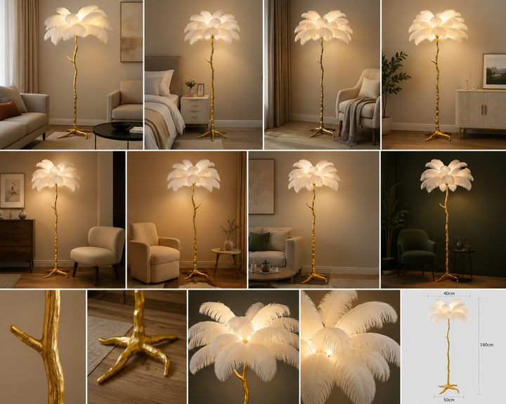 Lampadar decorativ auriu cu pene, 3 becuri G9 – model A888/3L GD